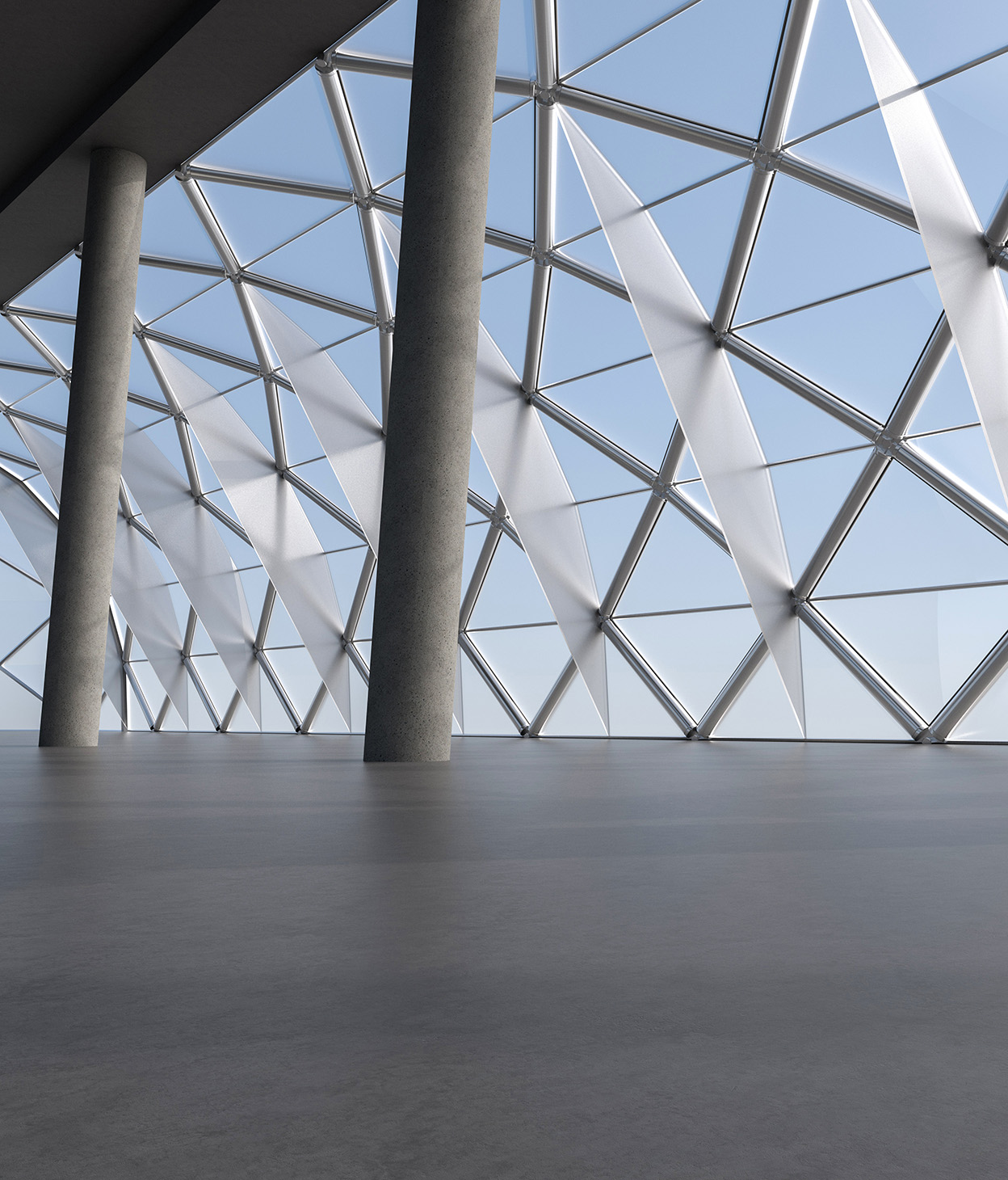 Imagem tridimensional computadorizada de um salão de exposições com colunas de concreto e uma janela arqueada