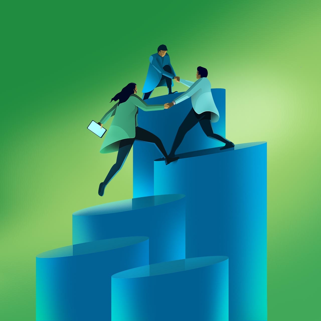An illustration of three individuals helping each other get to the top of cylindrical steps.