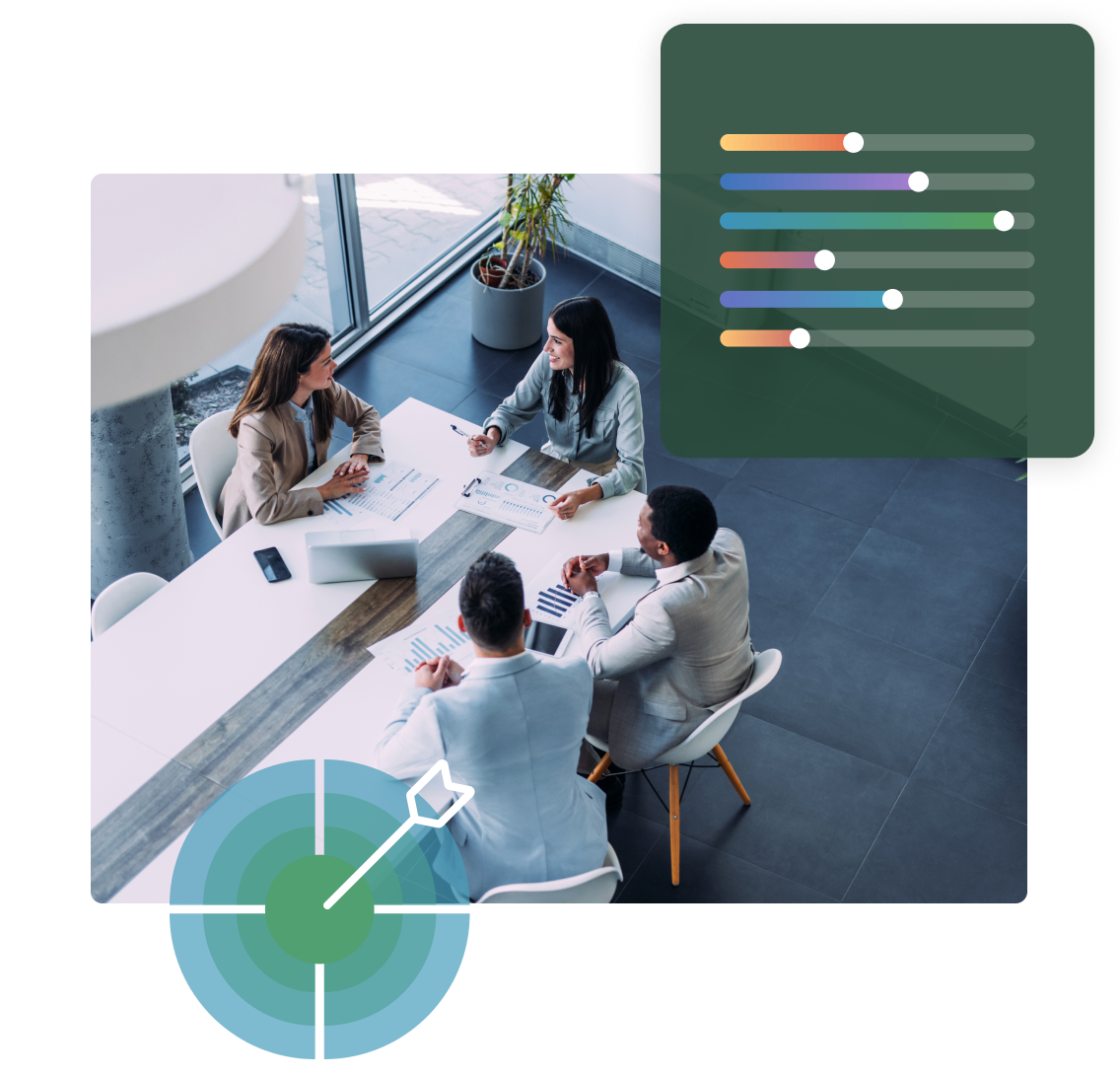 Photo of team working in office with some graph elements overlaid on top