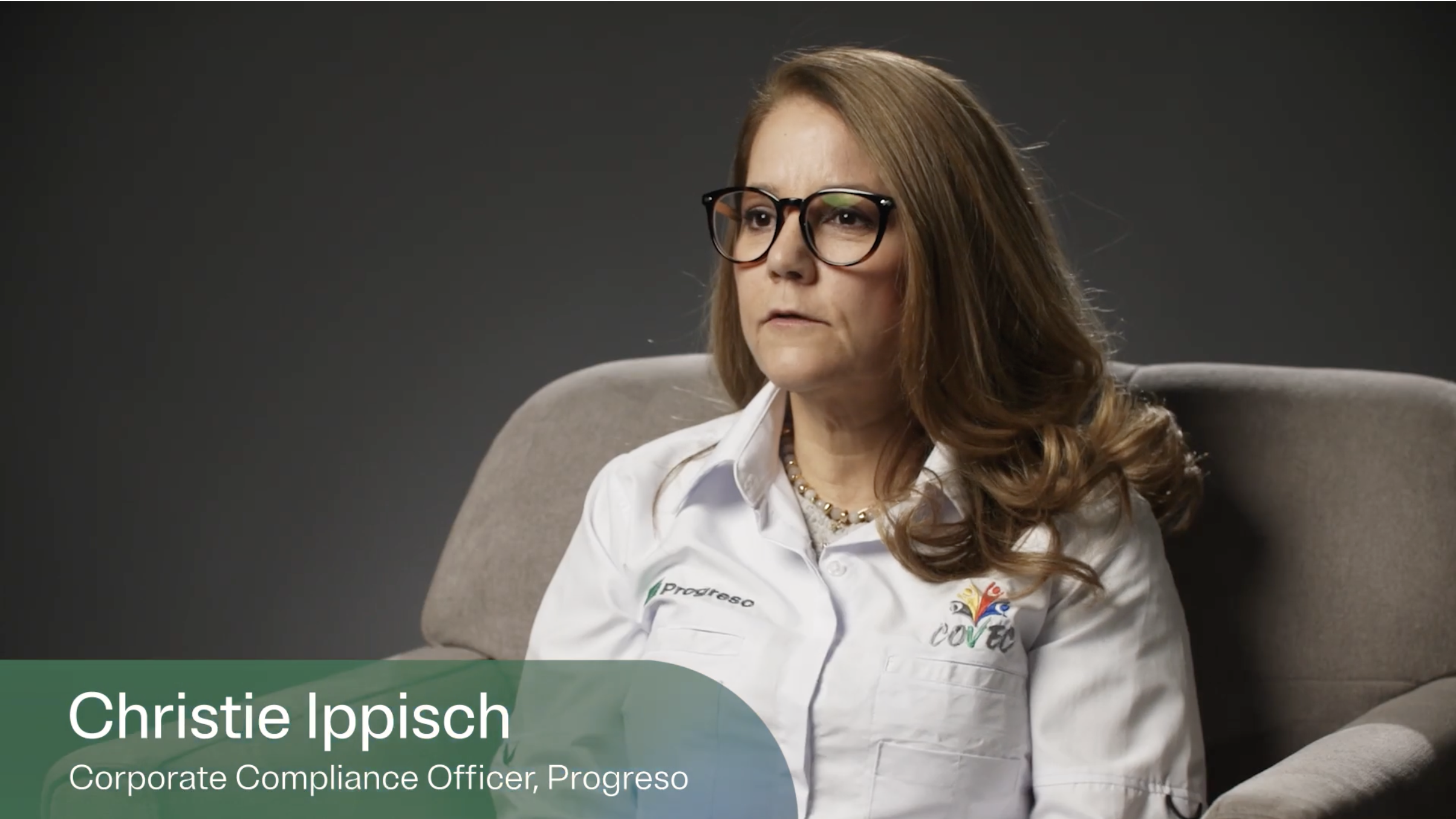 Video screenshot of OneTrust's interview with Christie Ippisch, Corporate Compliance Officer from Progresso