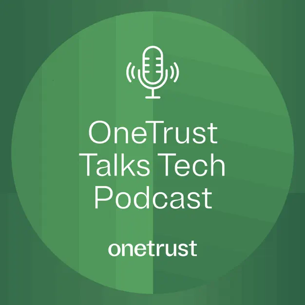 OT-onetrust-talks-tech-artwork-series-level Graphic showing the OneTrust and OneTrust Talks Tech podcast logos underneath a microphone icon overlaid on top of a dark green background with a circular step gradient in the center.